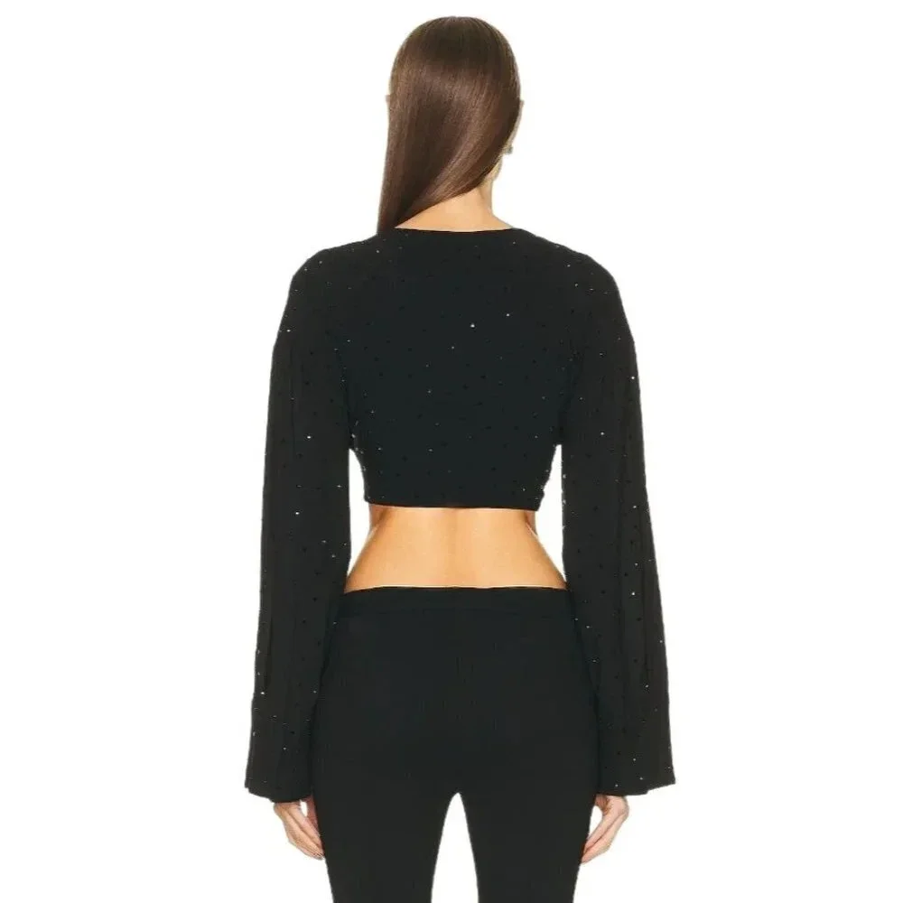Blumarine Hot Fix Crystal Long Sleeve Crop Top in Nero Black 38 2 Womens Cropped